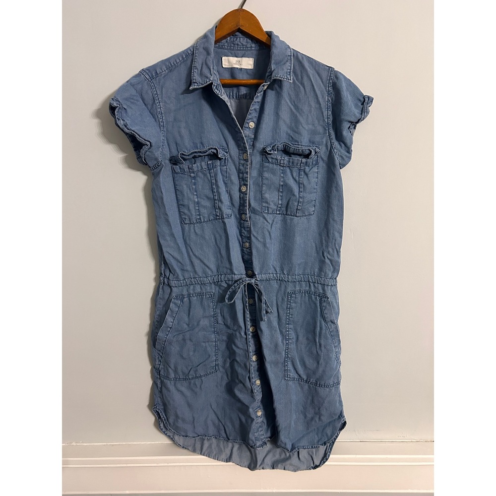 Thread & Supply Blue Lyocell Short Sleeve Button Down Shirt Dress Small TK1455TC